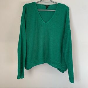 H&M Green Knit V Neck Sweater Oversized Cozy Medium